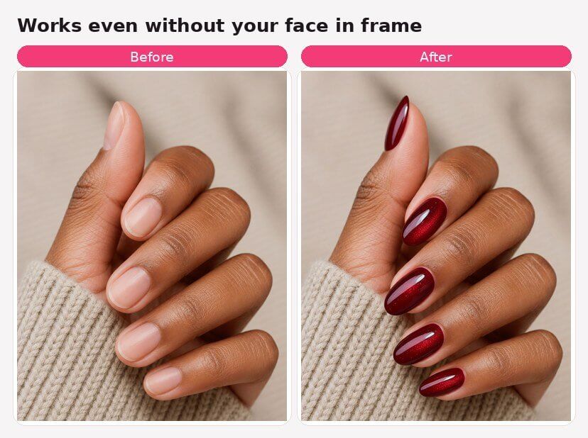Before and after: AI Nail Virtual Try-On applied to a hand photo where the person's face isn't in frame