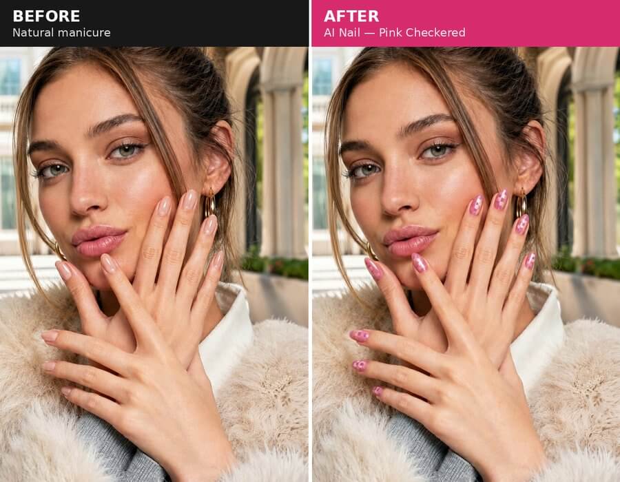 Before and after: AI Nail — Pink Checkered nail design applied with AI Nail Virtual Try-On