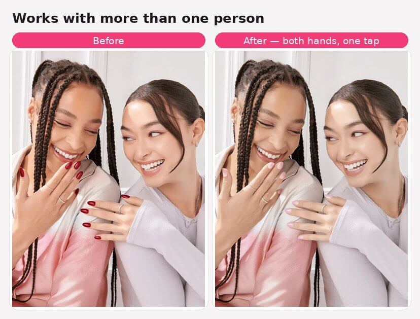 Before and after: AI Nail Virtual Try-On applied to a photo showing more than one person's hands at once
