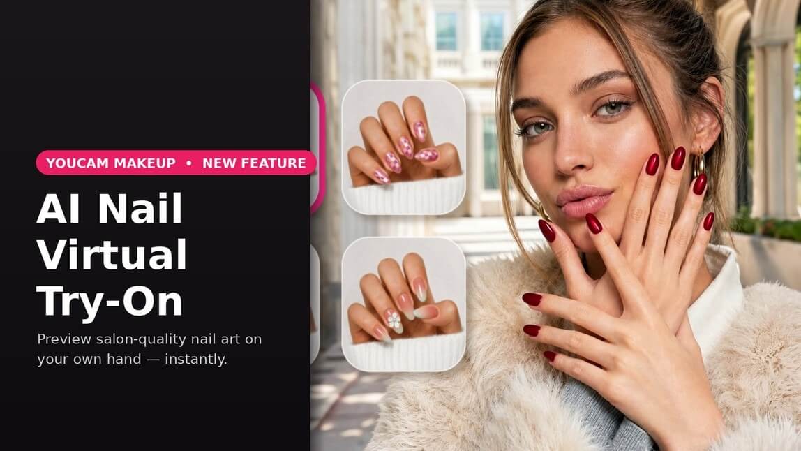 Woman's hand showing an AI Nail Virtual Try-On result in YouCam Makeup