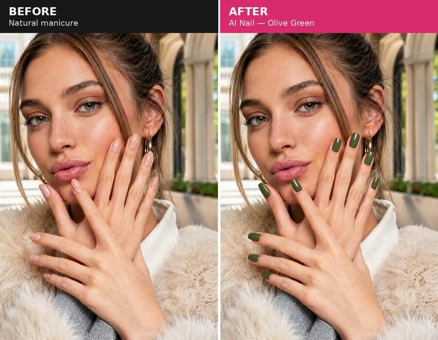 Before and after: AI Nail — Olive Green nail design applied with AI Nail Virtual Try-On