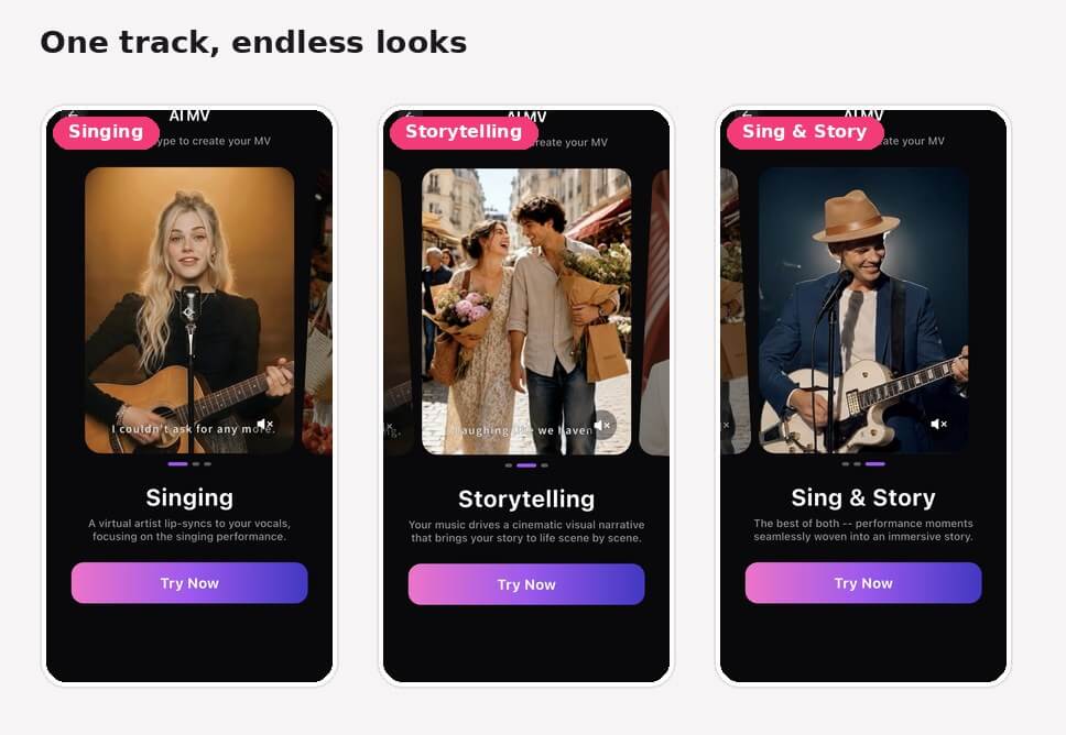 Singing, Storytelling, and Sing and Story video style results in YouCam Muse AI Music Video Generator
