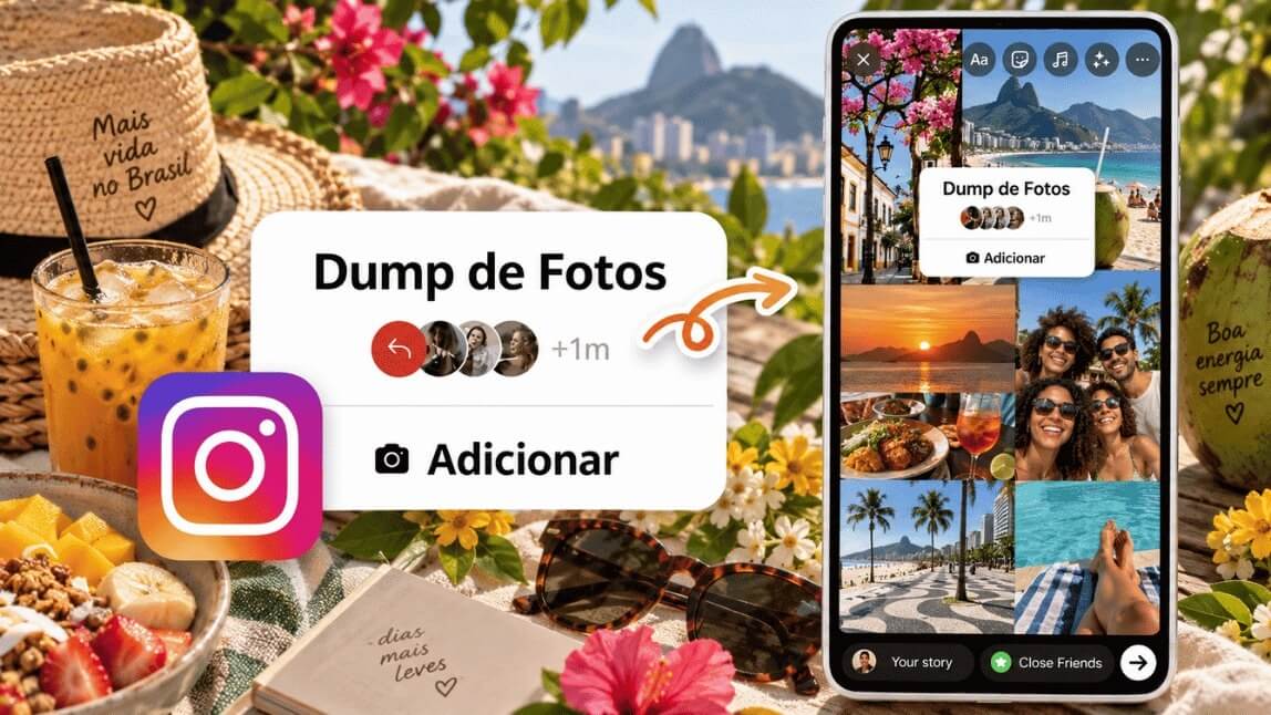 Exemplo de Story no Instagram com colagem de fotos aesthetic e o sticker de Dump de Fotos.
