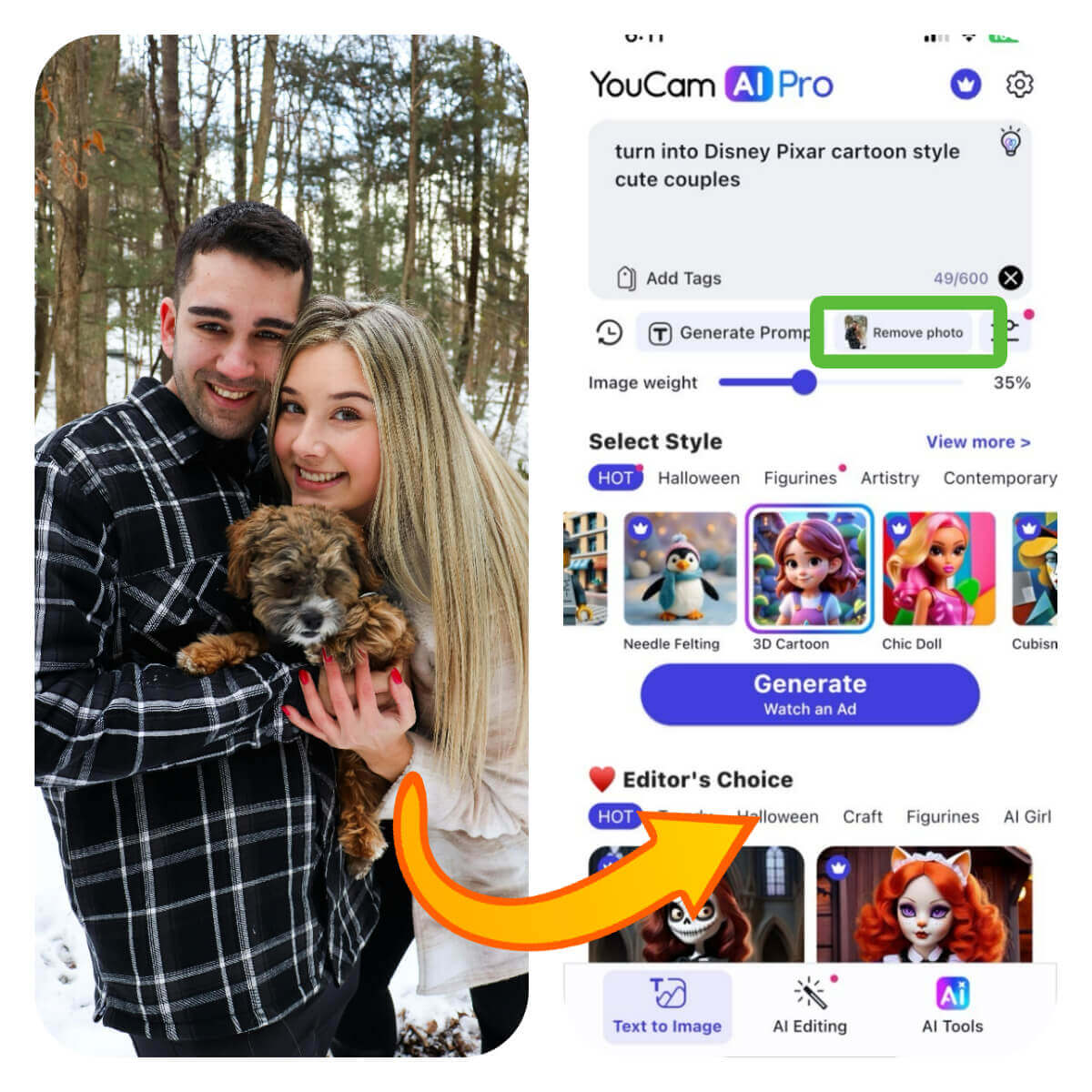 Avant après générer filtre disney IA