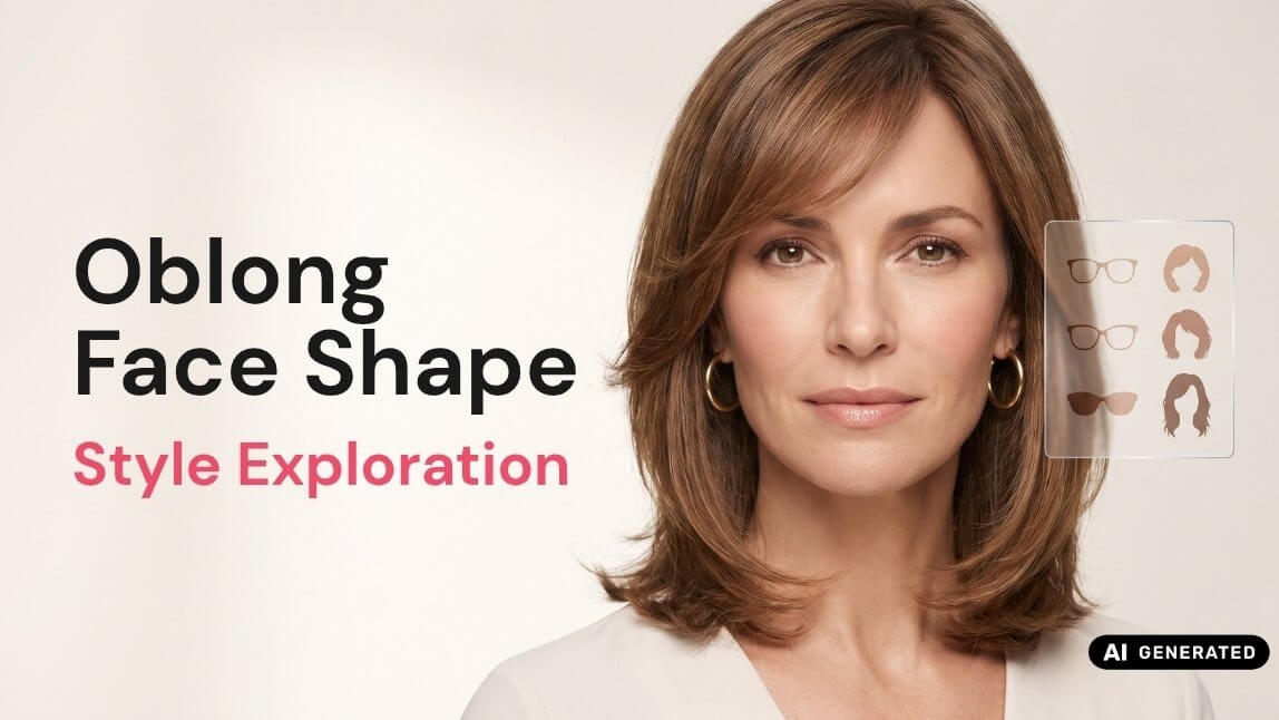 Model with a layered shoulder-length hairstyle and eyewear illustrating oblong face shape style exploration