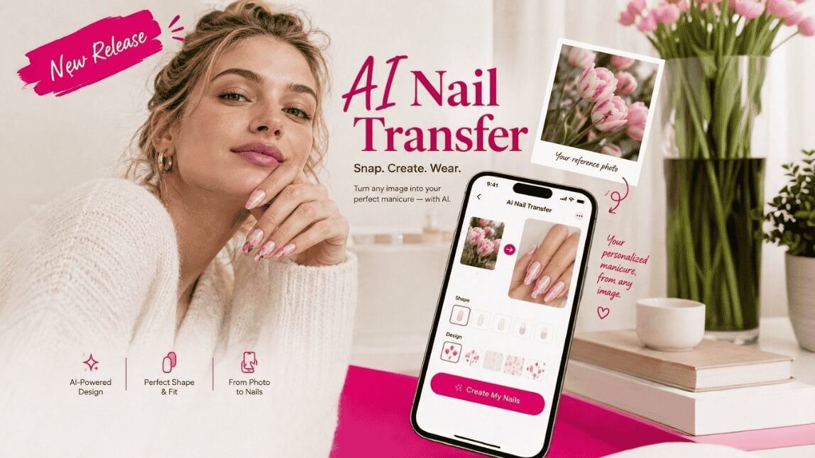 Reference nail art photo next to a real hand showing the same design applied with AI Nail Transfer