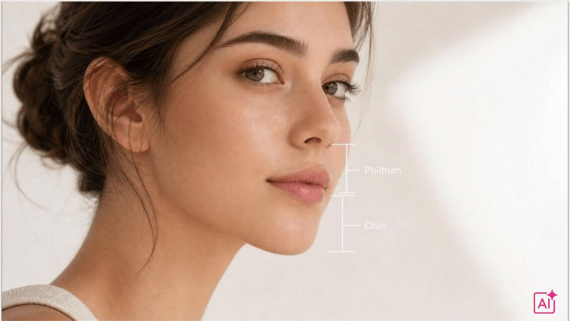 Close-up of the lower face highlighting the philtrum groove and chin used to illustrate the chin-to-philtrum ratio