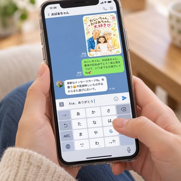 LINEで敬老の日のデジタルカードを送って祖父母から返信をもらった画面