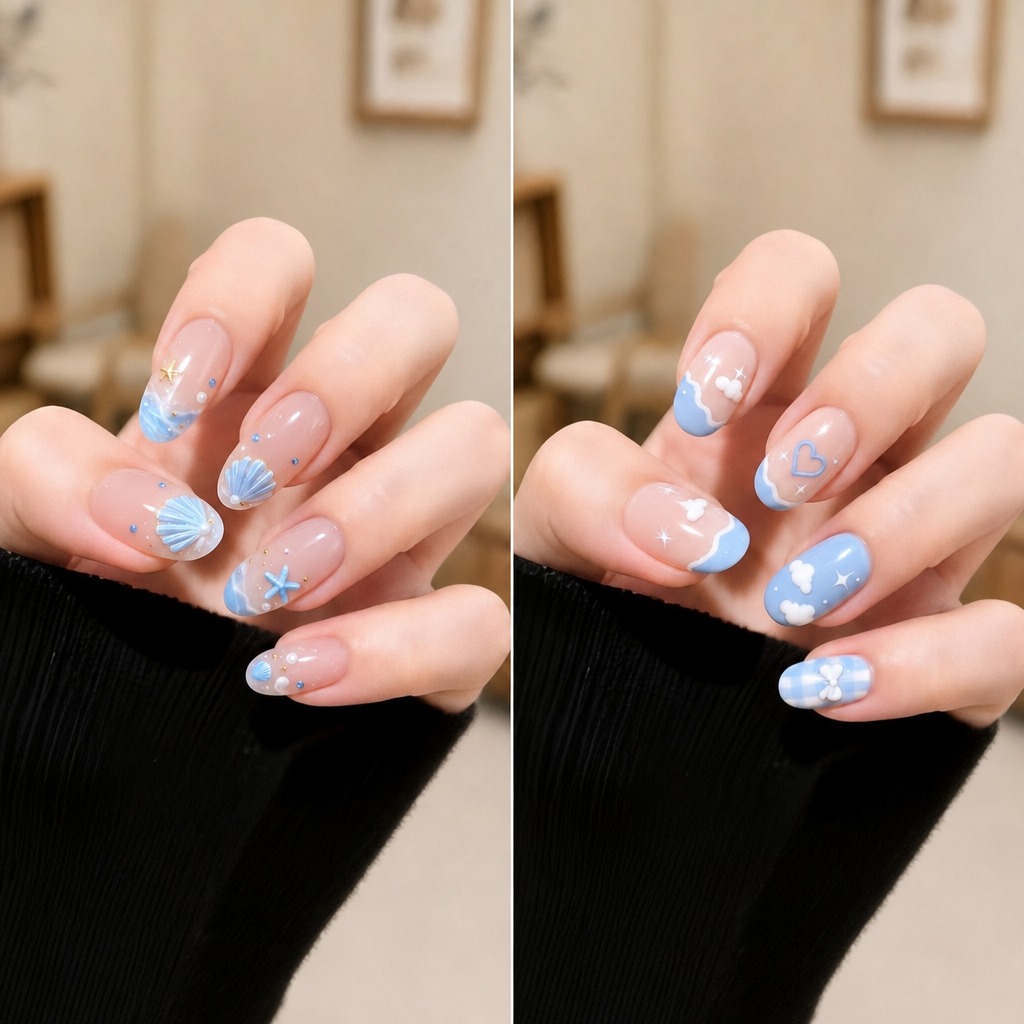 Cute Two nail designs from the actual feature, the left one is Coastal Shells, nude pink on each finger nail, pinkish blue and white shells on the thumb and middle finger, beach vibe; the right one is Sky Dreams, nude pink on the thumb, index, and middle finger, pinkish light blue on the tip of thumb, index, and middle finger, full light pinkish blue on the ring and little finger, white clouds on each finger nail.