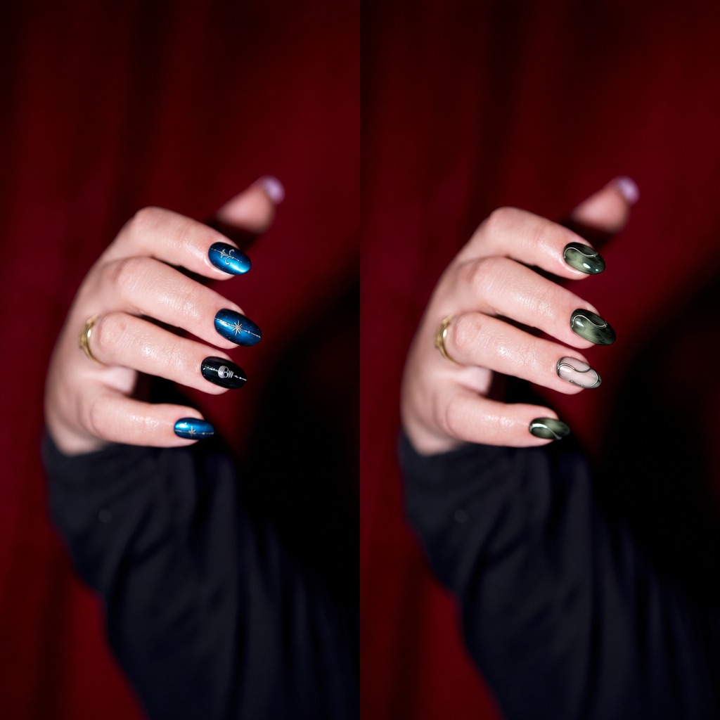 Dark Two nail designs from the actual feature, the left one is Cosmic Teal, consists of black on the ring finger and teal on the rest, with add-ons of a skeleton and sparks; the right one is Emerald Swirl, pearl color on the ring finger and emerald green on the rest, with curved lines on each nail.
