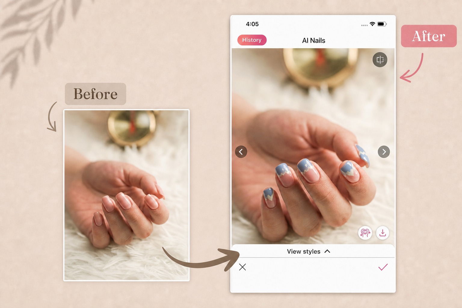 a before after image showing the change. The image on the left shows a models one hand and nails with nude color nail polish; the right image shows the same model's hand in a design named "Cloud Tip Hearts". Styled in pink and pinkish blue at the tip of each nails, with white heart shapes in between.