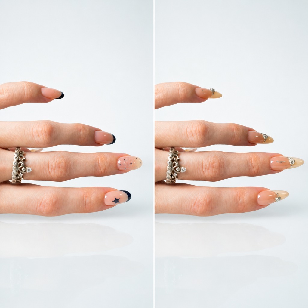French Two nail designs from the actual feature, the left one is Cosmic French, with light pink on each finger and black on each tip of the index, ring, and little finger, a black star on the index finger and polka dots on the middle finger; the right one is Jeweled French, with light pink on each finger nail and cream color on each tip, added jewels on each finger nail.