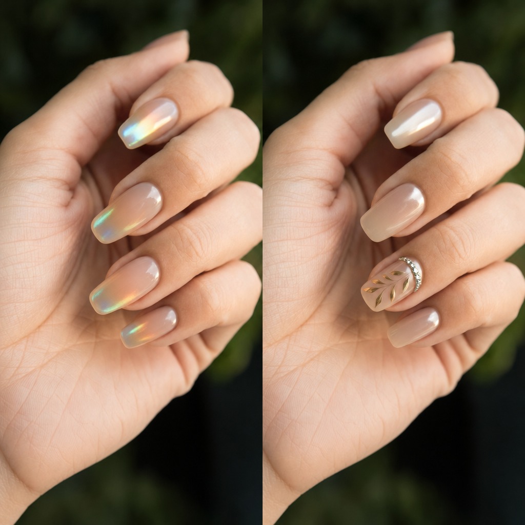 Nudes & Whites Two nail designs from the actual feature, the left one is Opal Glow, it glows like an opal, slightly metallic, with a gradient of the light blue tip to a pearl color stem; the right one is Pearl Star Glaze, single pearl color, with add-ons of golden leaves and a shiny metallic thread on the ring finger.