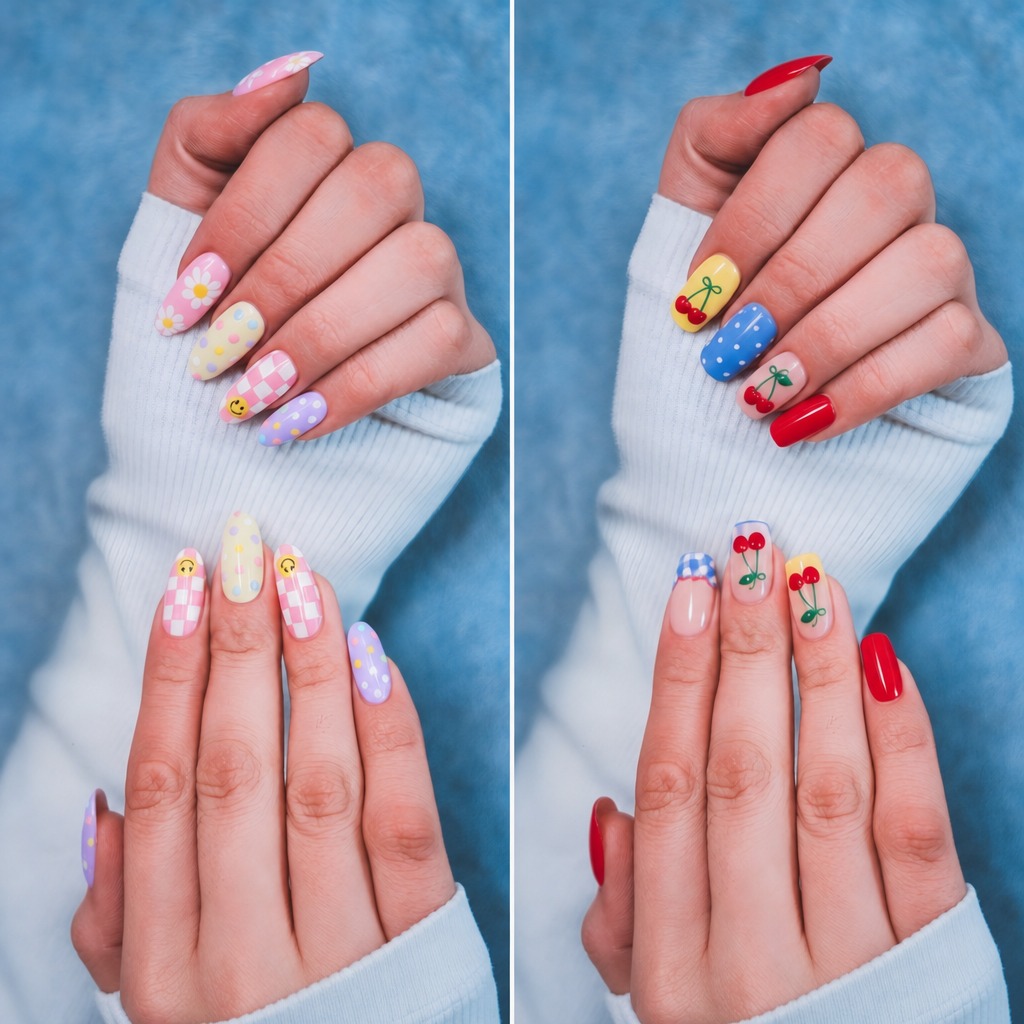 Colorful Two nail designs from the actual feature, the left one is Pastel Daisies, full pastel color designs, checkerboard pattern with a yellow smiley face on both hand nails, other nails with the design of daisies and polka dots; the right one is Cherry Pop, cherry on both hand nails, consists of bright red, yellow, blue, and nude pink.