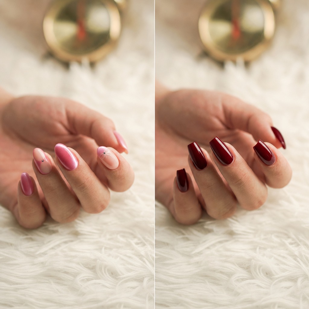 Reds & Pinks Two nail designs from the actual feature, the left one is Pink French Gem, darker pink on the thumb, middle, and little finger, lighter pink on the index and ring finger, an add-on on both index and ring fingers; the right one is Deep Red Coffin, single deep red color.