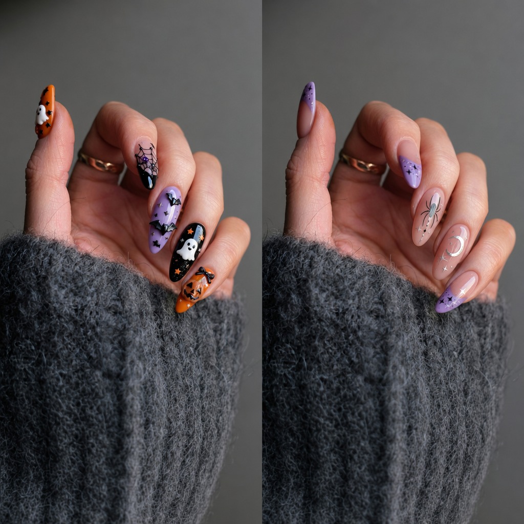 Limited-Time Theme: Halloween Two nail designs from the actual feature, the left one is Boo Fest, consists of orange, lilac purple, and black for Halloween theme, added with cute figures like jack'o'lanterns, ghosts, bats, and spiders; the right one is Moonlit lilac, consist of nude pink, lilac purple, and silver, added with figures of spider, moon, and stars.