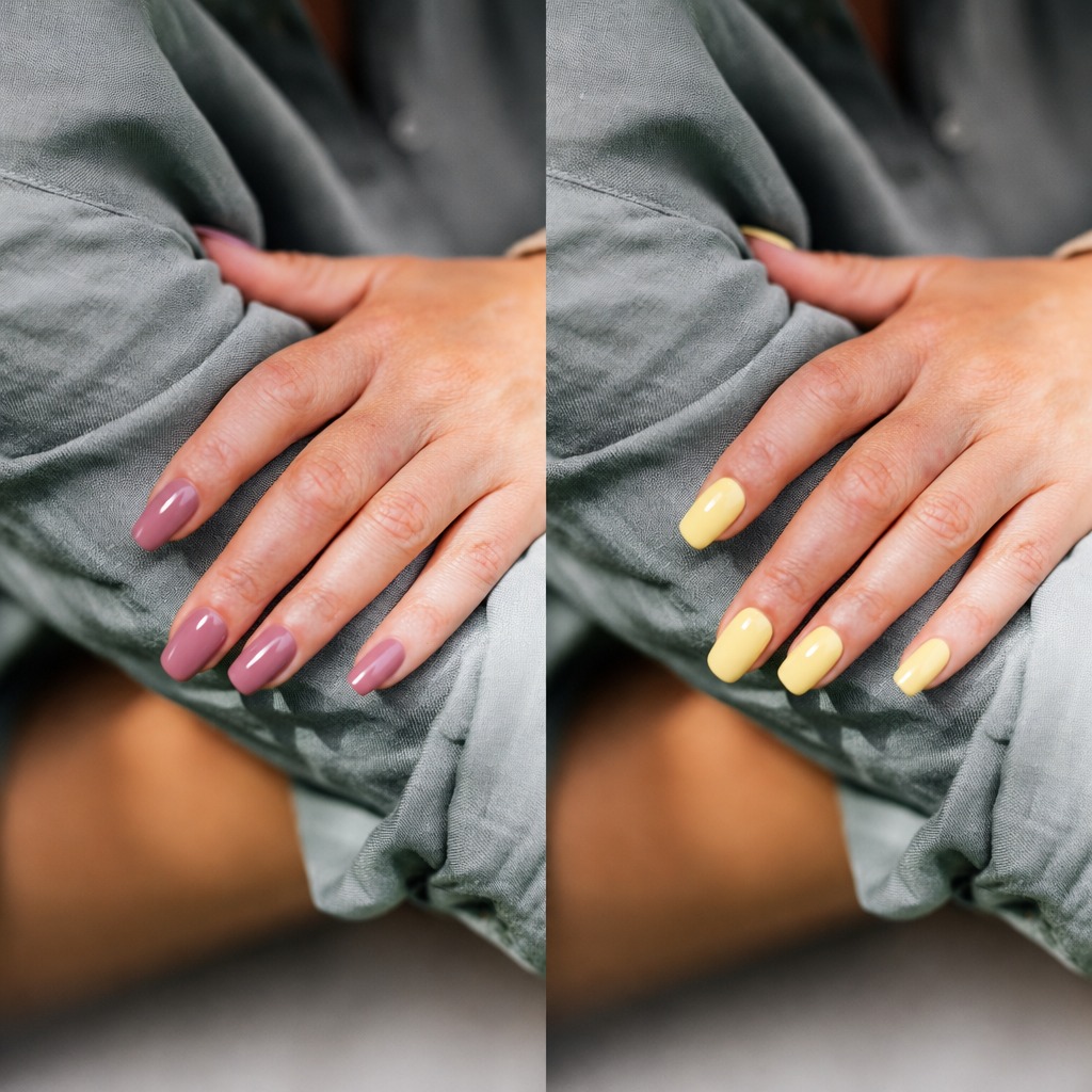 Minimal Two nail designs from the actual feature, the left one is Dusty Mauve, single color; the left one is Butter Yellow, single color.