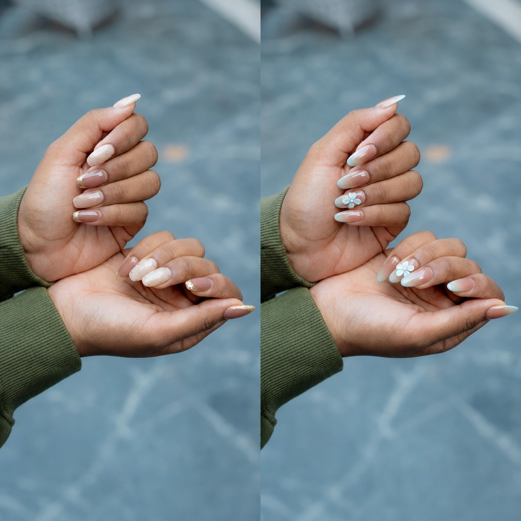 Sweet Two nail designs from the actual feature, the left one is Vanilla French, gold tips on both hands and consists of milky white and nude darker pink on the other nails; the right one is Petal Mist, a flower on both ring fingers, consists of pinkish light blue, milky white, and nude darker pink.
