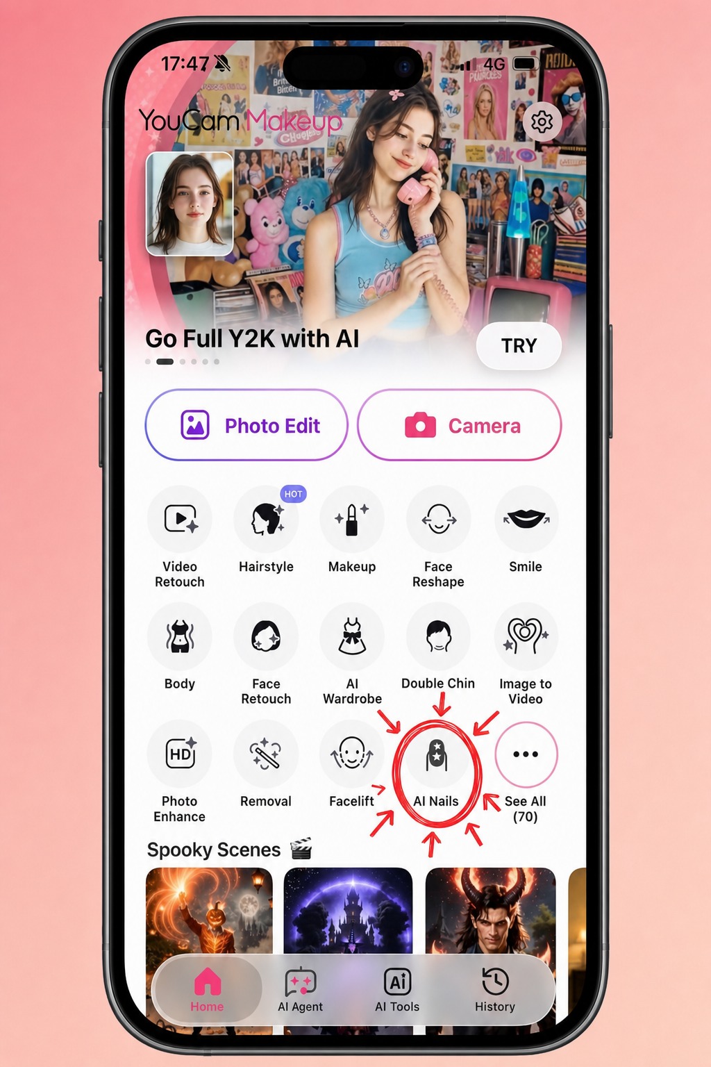 Click on the AI Nails Feature Showing the home page of YouCam Makeup, red circle and arrows pointing to the AI Nails feature to show where it is.