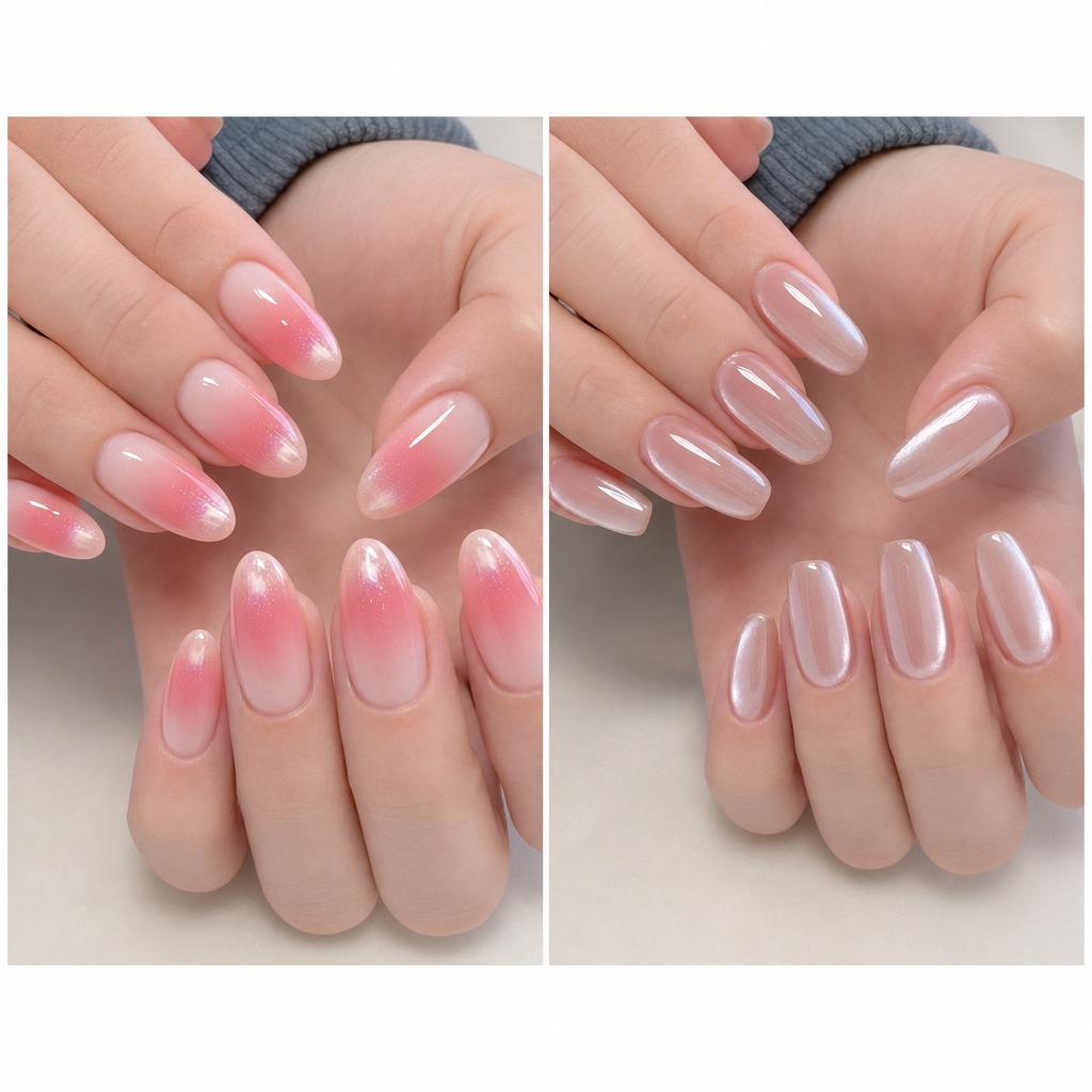 Cat-Eye Two nail designs from the actual feature, the left one is Blush Aura, a gradient of light pink from the stem to peach pink in the middle and glossy pink at the tip; the right one is Glazed Pearl, reflecting light on the nails, single pearl color.