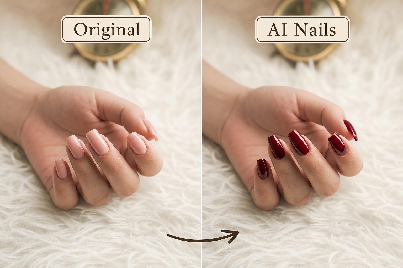 A before and after image, the left image is the original nail model with nude color nail polish; the right one is the result of the AI Nails, deep red color, reflection on the nail polish show complicated lighting adjustment from the AI Nails.