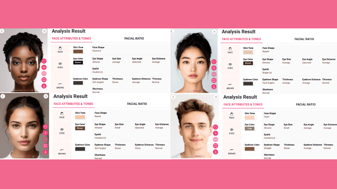 Screenshot of AI Face Analyzer by Perfect Corp. showing various analysis results for face shapes and skin tones. Screenshot of AI Face Analyzer by Perfect Corp. showing various analysis results for face shapes and skin tones.