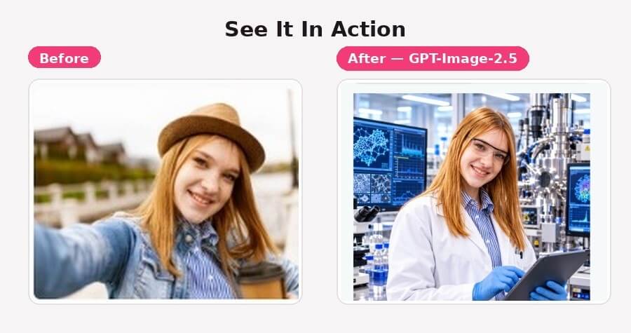 Before and after: a casual outdoor selfie transformed into a professional laboratory scientist portrait using GPT-Image-2.5 in YouCam's Image to Image tool