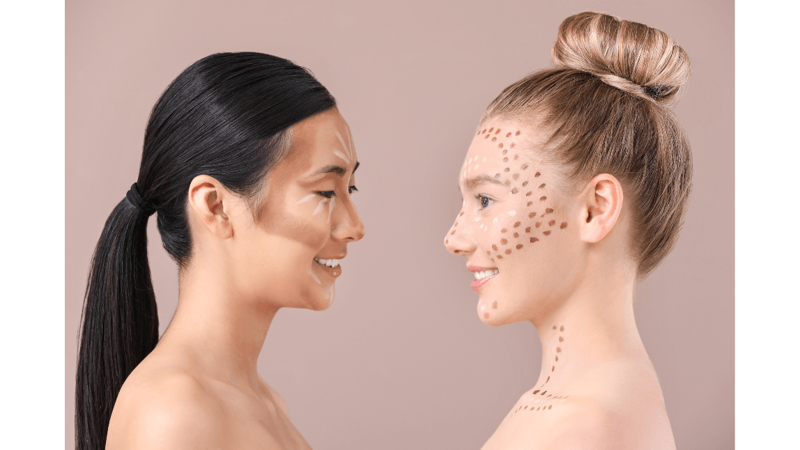 AI facial analysis in aesthetic practice Two women in profile with subtle facial landmark markings for proportion analysis.