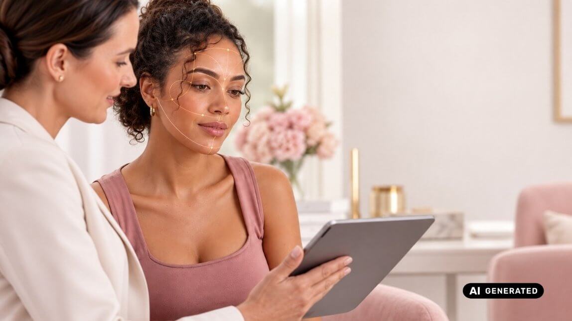 Aesthetic practitioner and client reviewing facial proportion analysis on a tablet during a consultation.