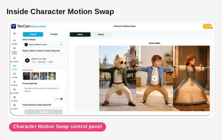 Character Motion Swap control panel inside YouCam Online Editor