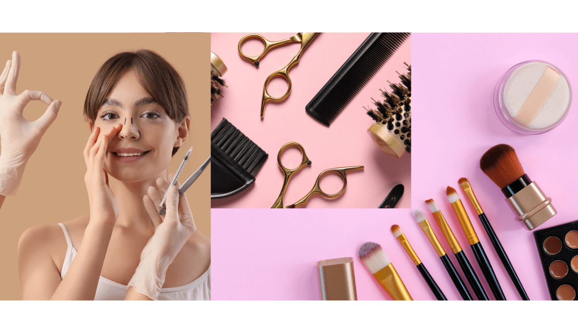 Facial proportion analysis for beauty businesses Collage featuring a woman during a face consultation, alongside scissors and makeup products.