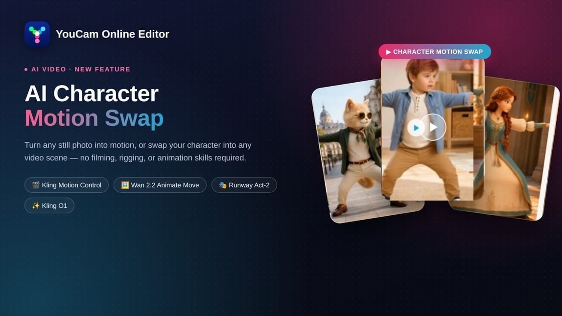 AI Character Motion Swap in YouCam Online Editor: a cat mascot, a boy, and an animated princess all performing the same dance from one reference video.