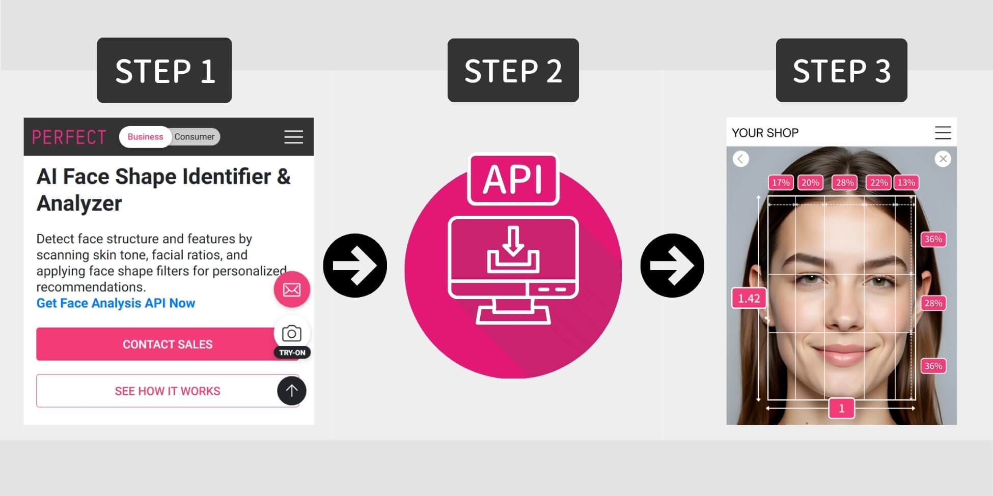 Face ratio API customer journey Flowchart illustrating the steps to develop a face recognition app, including input, model training, and deployment.