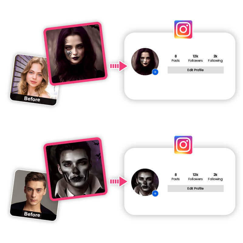 Metadinhas de Halloween prontas para usar como foto de perfil nas redes sociais