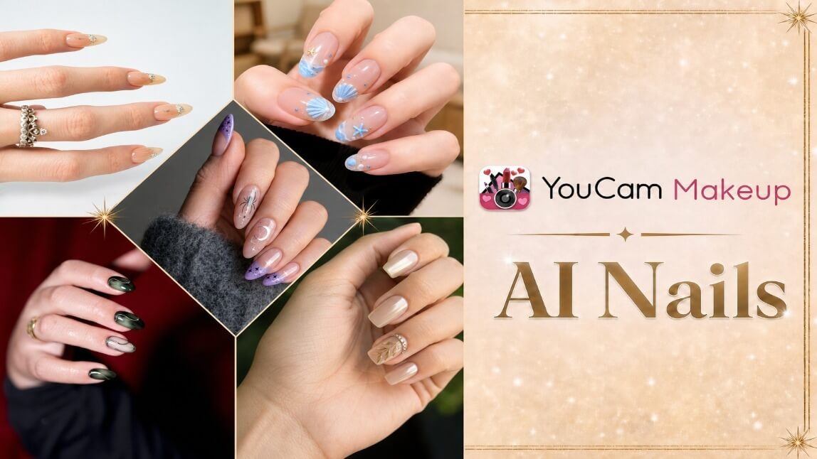 Collage of five different nail designs on the left and a title saying "YouCam Makeup, AI Nails" on the right.