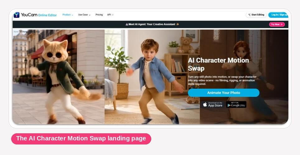 The AI Character Motion Swap landing page for YouCam Online Editor