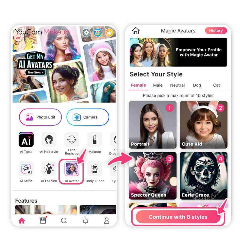 Ferramenta Avatar IA do YouCam Makeup para criar um personagem de Halloween