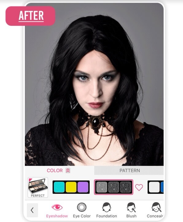 Filtro de maquiagem gótica inspirado em Wandinha Addams, com olhos esfumados e lábios escuros