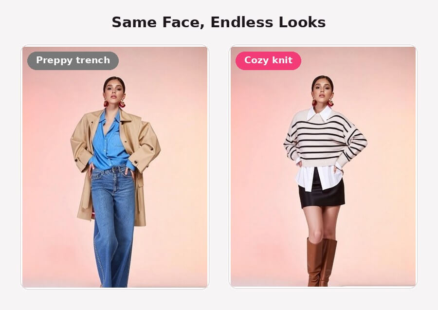 AI Wardrobe result showing a striped knit, white shirt, and mini skirt outfit generated from the same photo.