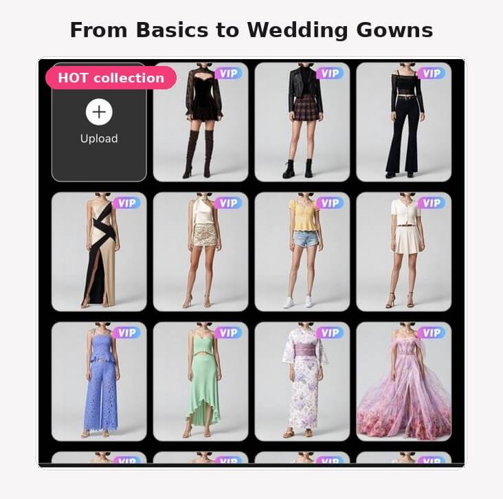 AI Wardrobe HOT collection showing a range of outfit styles from mini dresses to gowns and kimono-style pieces.