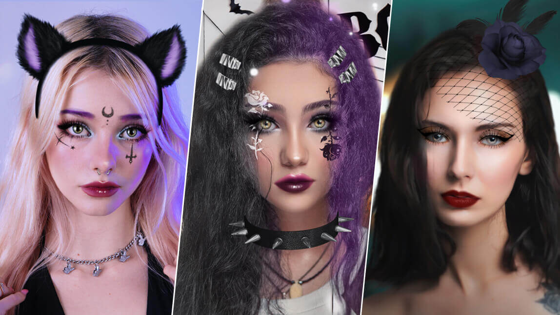 Melhor app para testar filtros de maquiagem gótica Três ideias de maquiagem gótica para testar no YouCam Makeup em uma foto de Halloween