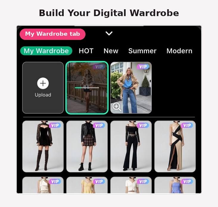 My Wardrobe tab in YouCam Perfect showing the Upload button and saved outfit photos.