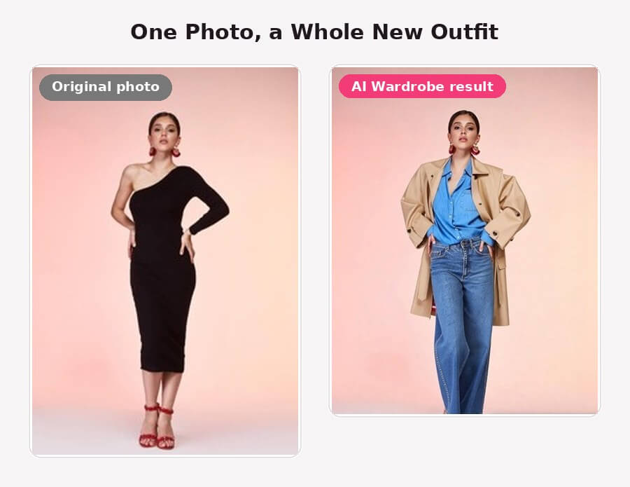 AI Wardrobe result showing a trench coat, blue shirt, and jeans outfit generated from the original photo.