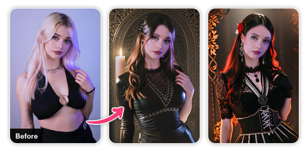 Ideias de fantasias góticas virtuais para o Halloween Fantasias góticas virtuais criadas com a ferramenta Moda IA do YouCam Makeup