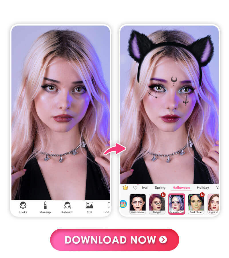 Filtro de maquiagem gótica Gato Assustado Filtro gótico Gato Assustado com orelhas de gato, delineador azul e cabelo roxo
