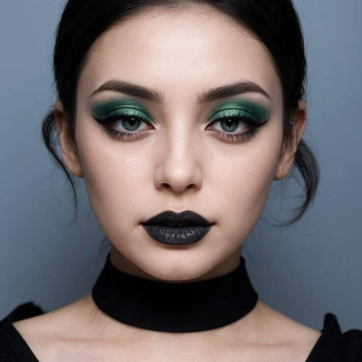 Maquiagem gótica com sombra verde-esmeralda, cílios grossos e batom verde escuro