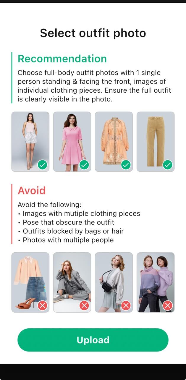 YouCam Perfect AI Wardrobe screen showing recommended vs. avoid examples for outfit photos.