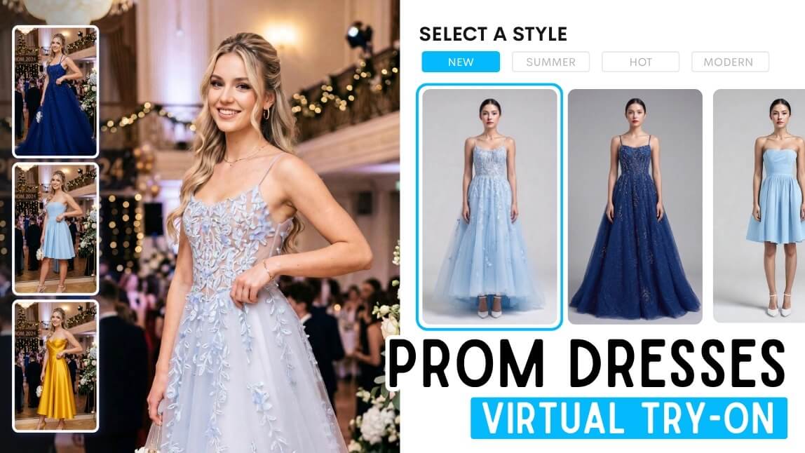 Prom dress virtual try-on showing different gown styles with AI