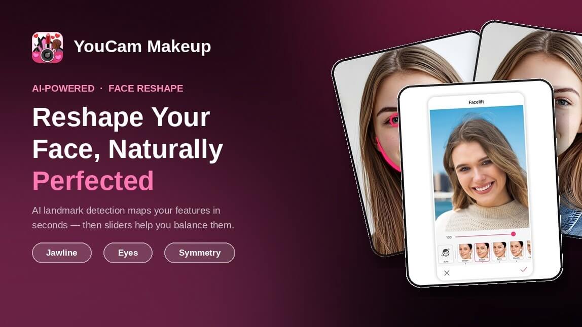 Before-and-after example of the Face Reshape tool in YouCam Makeup evening out facial symmetry