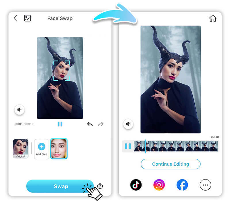 Utilisez la fonction Face Swap de YouCam Video pour vous transformer en votre personnage d'Halloween préféré.